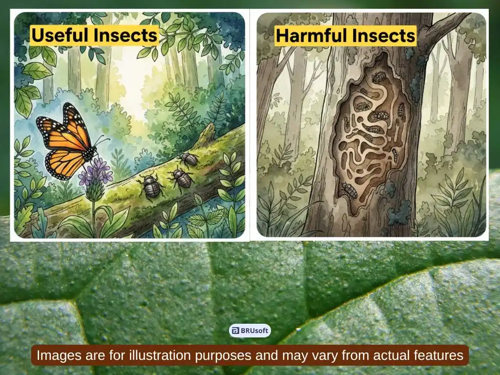Illustration showing useful and harmful forest insects at Gass Forest Museum Coimbatore, featuring butterfly pollination and wood-boring insects inside tree bark