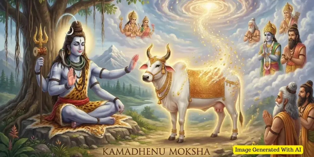 Lord Shiva blessing Kamadhenu with moksha, depicting the sacred legend associated with Perur Arulmigu Pateeswaraswamy Temple in Coimbatore