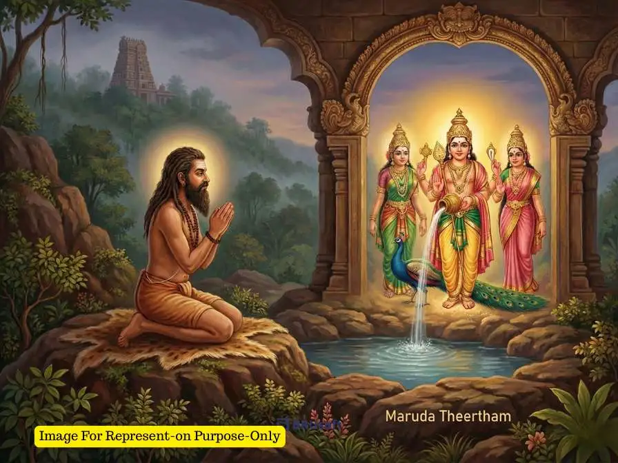 Illustration depicting Lord Murugan with Valli and Deivanai blessing Pambatti Siddhar at Maruda Theertham, Marudhamalai