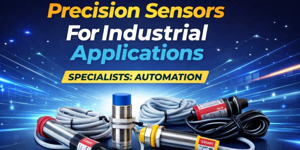 Vaari precision sensors for industrial automation applications with proximity and photoelectric sensors on a blue technology background