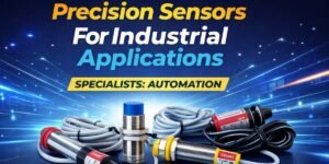 Vaari precision sensors for industrial automation applications with proximity and photoelectric sensors on a blue technology background